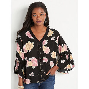 Maurices Black Floral V-Neck Button Front Bell Sleeve Top Womans Size Medium